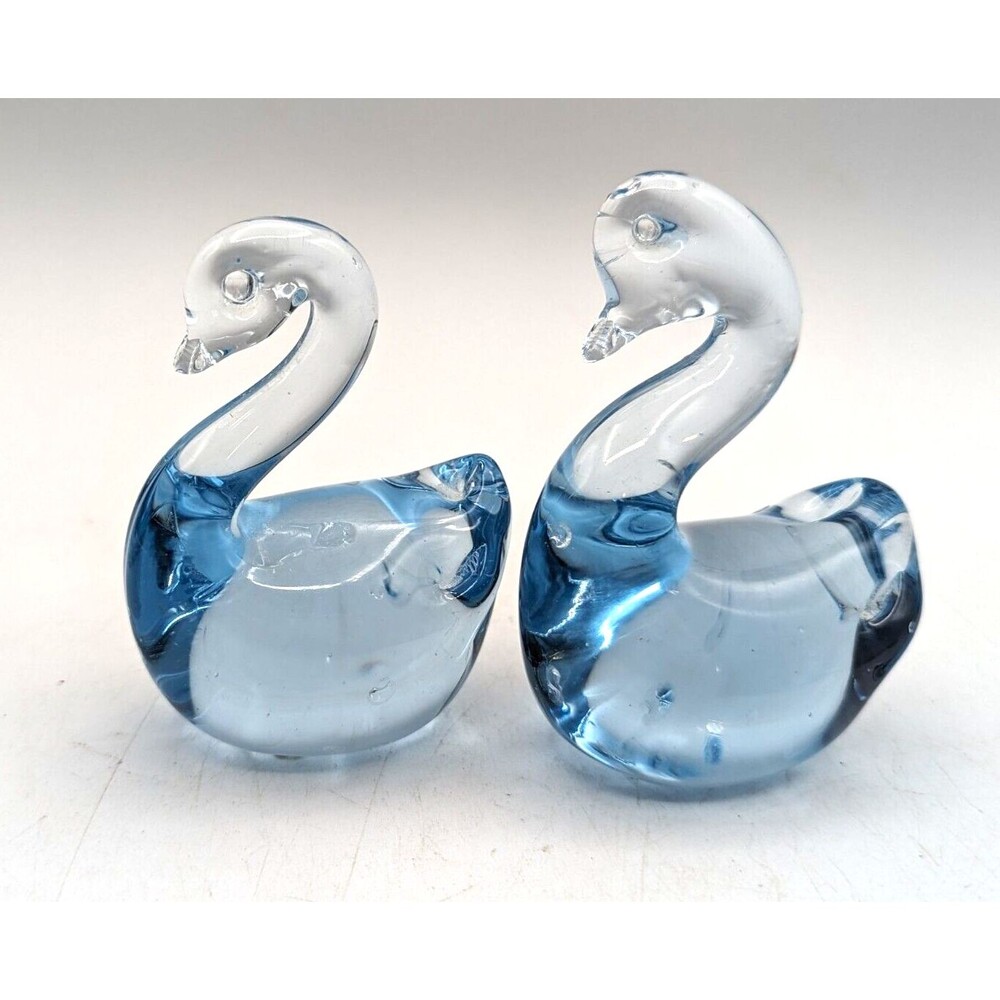 Vintage Art Glass Swan Duck Figurines Blue Glass Pair Hand Blown Glass